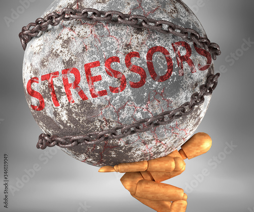 Stressors and hardship in life - pictured by word Stressors as a heavy weight on shoulders to symbolize Stressors as a burden, 3d illustration photo