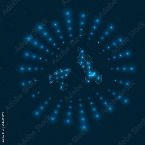 Cooper Island digital map. Glowing rays radiating from the island. Network connections and telecommunication design. Vector illustration.