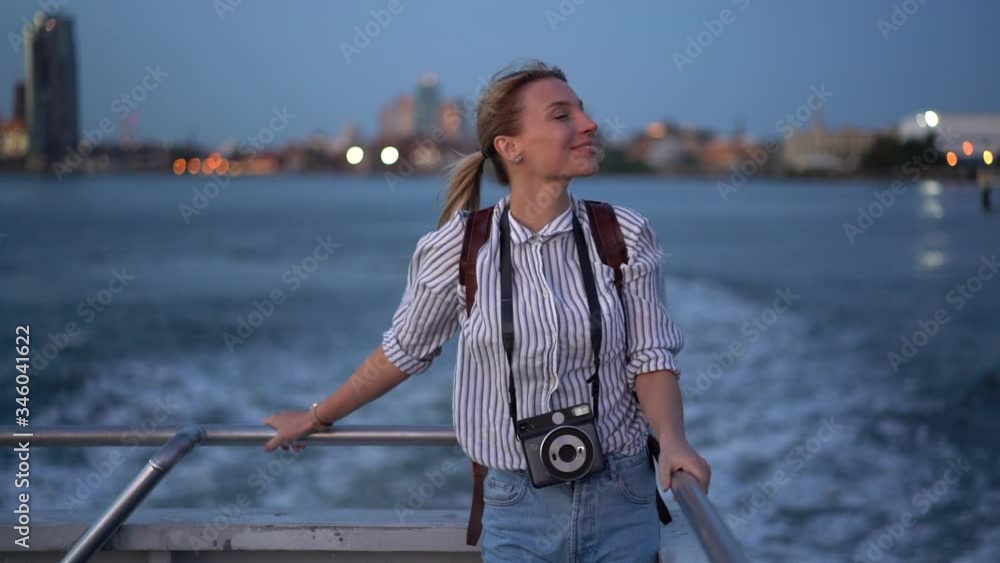 Happy smiling woman enjoying evening time for recreating during water excursion enjoying good mood during vacations, cheerful Caucasian hipster girl with instant camera
Happy smiling woman enjoying evening time for recreating during water excursion enjoying good mood during vacations, cheerful Caucasian hipster girl with instant camera