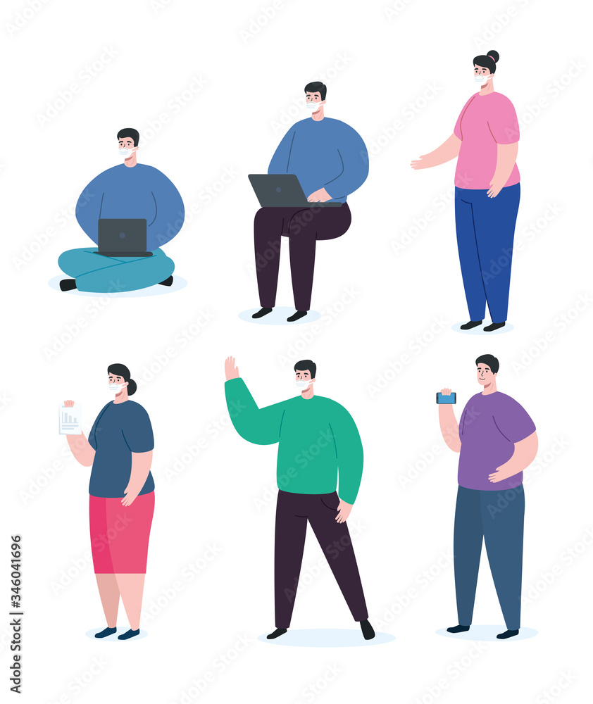 group people using face mask with devices electronics vector illustration design group people using face mask with devices electronics vector illustration design