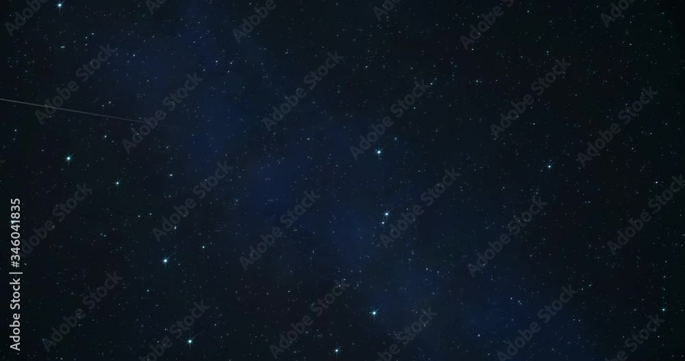 Stars in sky, starry night blue starlight shine of milky way, shooting star and meteorite comet in space universe. Twinkling blinking stars in sky with glimmer shine, dark blue background loop