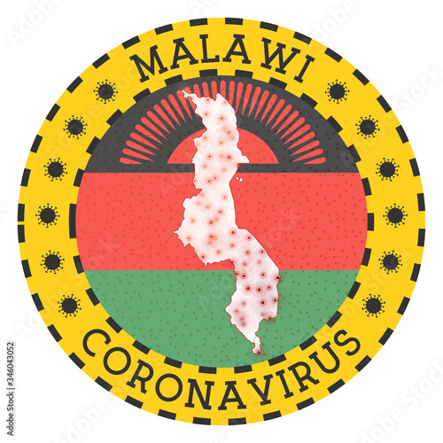 Coronavirus in Malawi sign. Round badge with shape of Malawi. Yellow country lock down emblem with title and virus signs. Vector illustration.