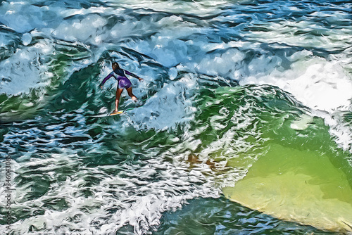 A drawing of a girl surfing on wave in ocean  view from above.