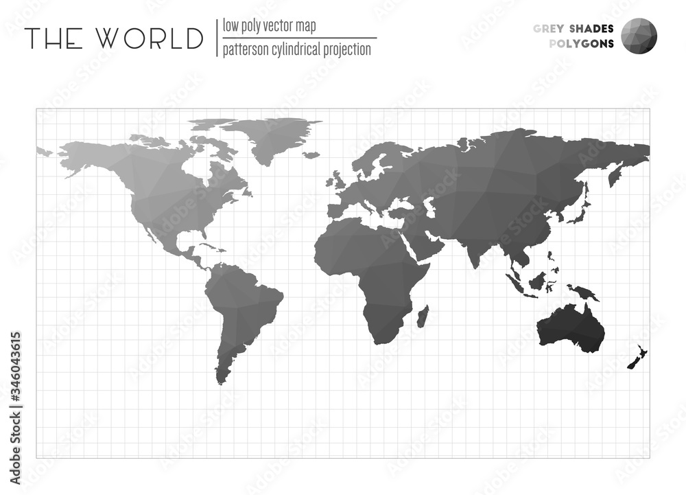 Low poly design of the world. Patterson cylindrical projection of the world. Grey Shades colored polygons. Creative vector illustration. Low poly design of the world. Patterson cylindrical projection of the world. Grey Shades colored polygons. Creative vector illustration.