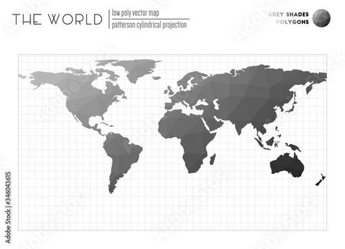 Low poly design of the world. Patterson cylindrical projection of the world. Grey Shades colored polygons. Creative vector illustration.