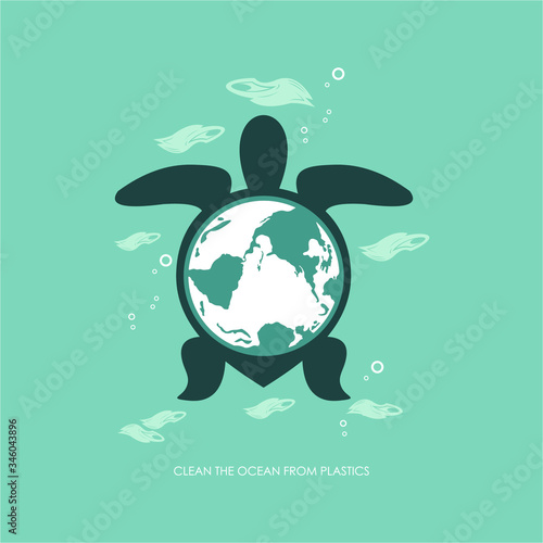 turtle and earth, plastics bag pollute the ocean, vector illustrations