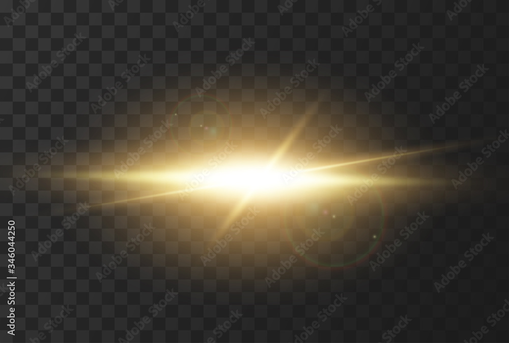 Realistic effect of sunlight with glare and rays of the sun. The effect of a flash or light of gold color. Vector illustration on dark background Realistic effect of sunlight with glare and rays of the sun. The effect of a flash or light of gold color. Vector illustration on dark background