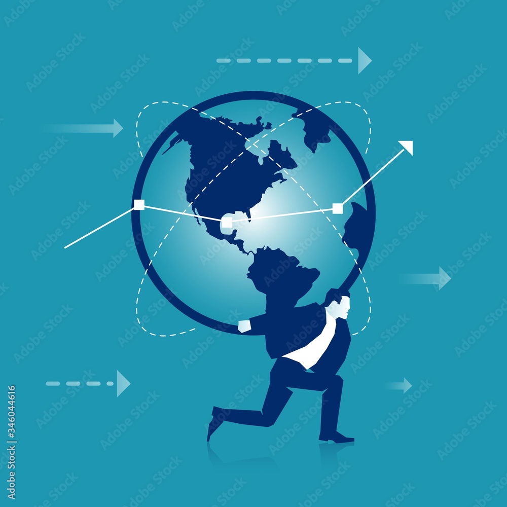 Business man holding a globe on his shoulders on blue Business man holding a globe on his shoulders on blue