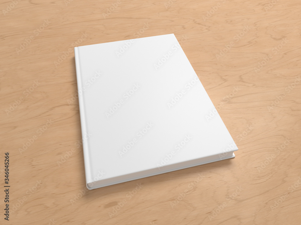 Blank book cover mock up on wooden background. Wide angle side view in perspective . 3d illustration Blank book cover mock up on wooden background. Wide angle side view in perspective . 3d illustration
