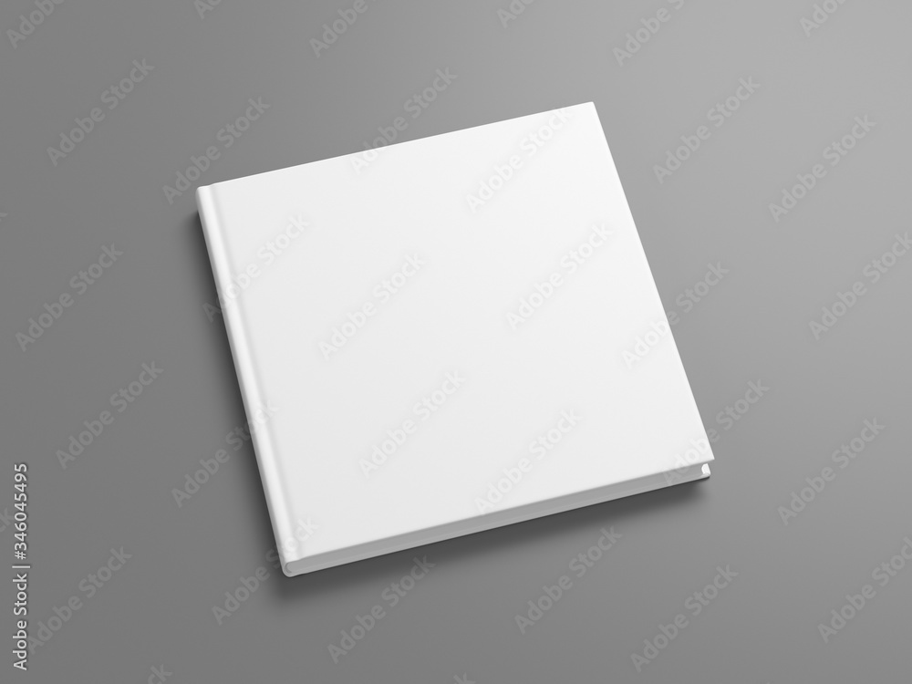 Blank square book cover mock up on gray background. Side view. 3d illustration Blank square book cover mock up on gray background. Side view. 3d illustration