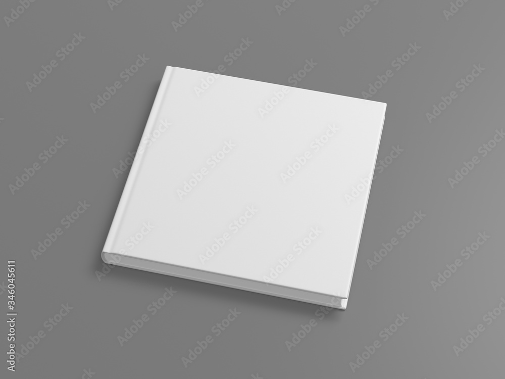 Blank square book cover mock up on gray background. Side view. 3d illustration Blank square book cover mock up on gray background. Side view. 3d illustration
