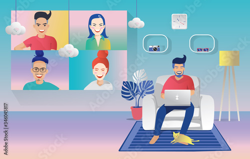 Video conference landing. People on laptop screen taking with a colleague. Videoconferencing and online meeting workspace man and woman. self-quarantine to prevent from COVID -19, vector