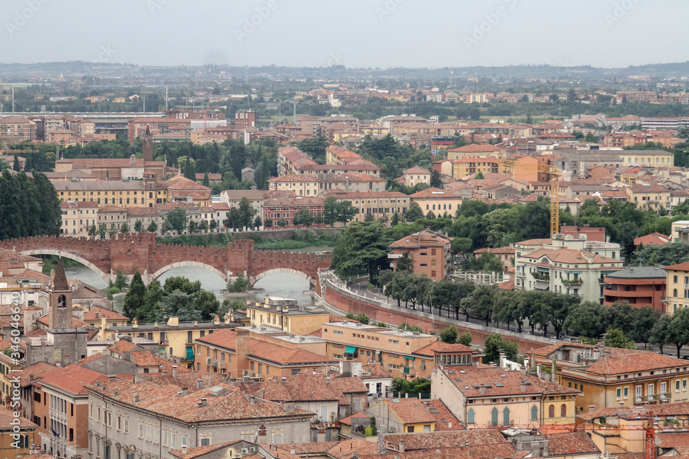 Above View Of Verona Town With Adige River, Italy as seem from the Lamberti tower height, Torre dei Lamberti