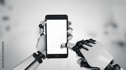 White robot hand holding modern smartphone mockup on grey white background. Robotic android hands with phone. Prints a message or surf. Technologies of the future. 3d rendering