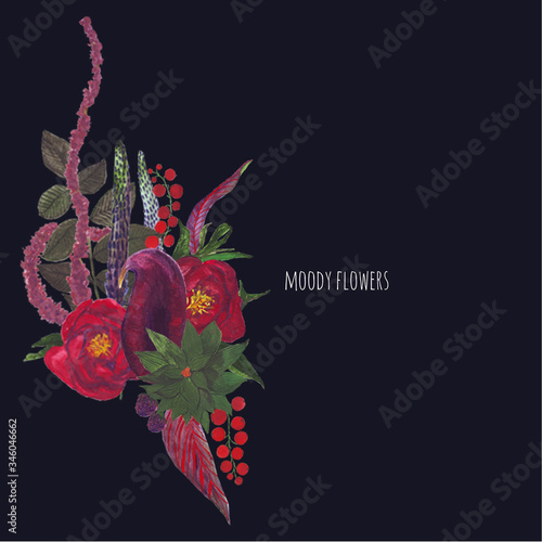Hand-drawn gouache textured set of flowers, leaves and berries in the style of Moody flowers on the dark wall background