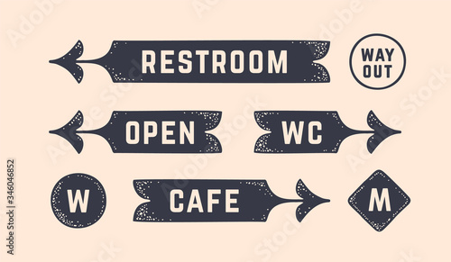 Vintage graphic set. Set of vintage arrow, sign, banner with text, old school graphic elements. Design elements, retro hipster banner with black white arrow with text sign set. Vector Illustration