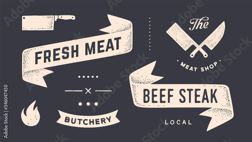 Vintage graphic set. Set of vintage banner, ribbon, cutting knive, text, old school graphic elements, food tools. Design elements for restaurant, bar, cafe, food shop and market. Vector Illustration