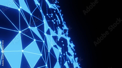 Blue light wireframe triangle polygon surface loop wave movement on black background.