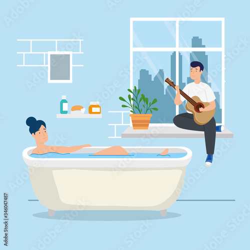 young couple stay at home in bathtub vector illustration design