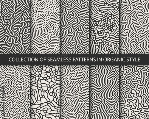 Set of 10 vector seamless monochrome organic rounded jumble maze lines patterns. Abstract backgrounds