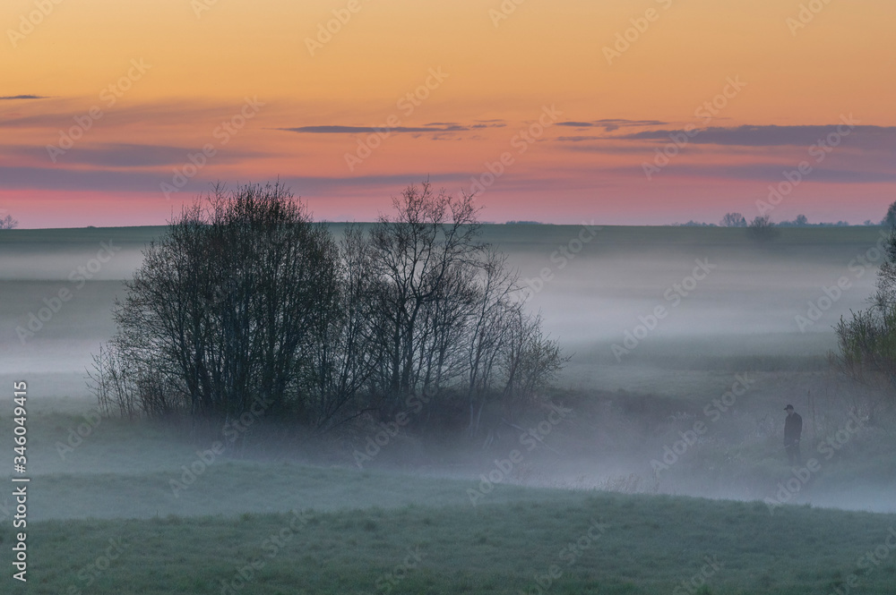 Fog layers over agricultural field during spring sunset (high ISO image)
