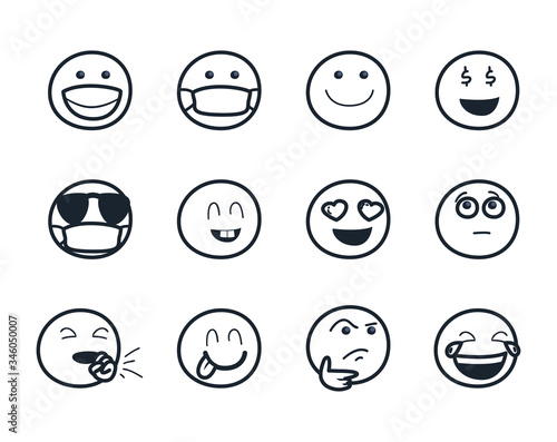 Emojis faces line style icon set vector design