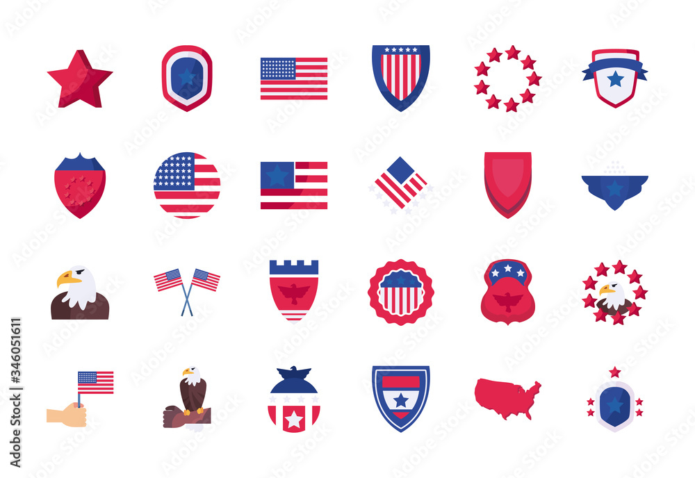 Fototapeta premium Independence day flat style icon set vector design