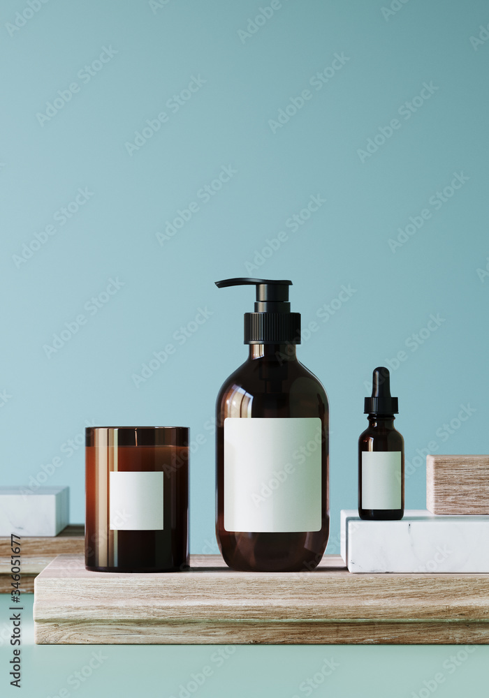 Cosmetic background for product presentation. Cosmetic bottle on wood and marble stack podium with blue background. 3d rendering illustration.