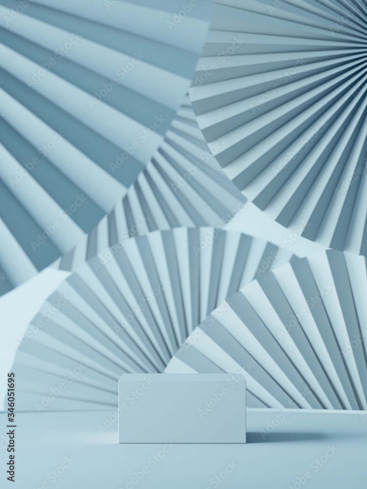 Fototapeta premium Abstract background for branding and packaging presentation. Podium on blue paper fan medallion background. 3d rendering illustration.