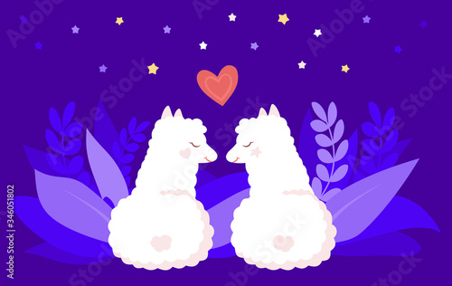 Two alpacas or llamas, romantic night of love. Funny flat cartoon character, smiling animal. Cute white children llamas with hearts and stars. Isolated on blue background, vector illustration