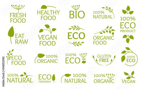 Eco green logo set, icon with leaves. Emblem symbol for organic natural product, bio, gluten free, eat raw. Vegan fresh, healthy food. Sign for badges, tags, packaging. Isolated vector illustration