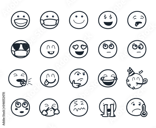 Emojis faces line style icon set vector design