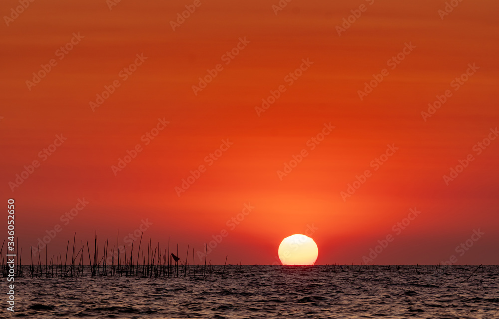 Big sun over the sea at sunset. Beautiful sunset sky and skyline. Red romantic sky for peaceful and tranquil background. Inspiration and quote background. Beauty in nature. Summer beach scene. Ocean.
