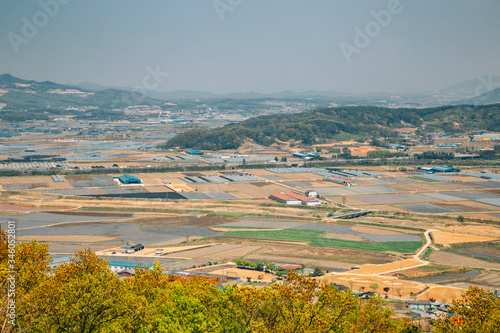 Anseong city and paddy field panorama view from Jukjusanseong mountain fortress in Anseong, Korea