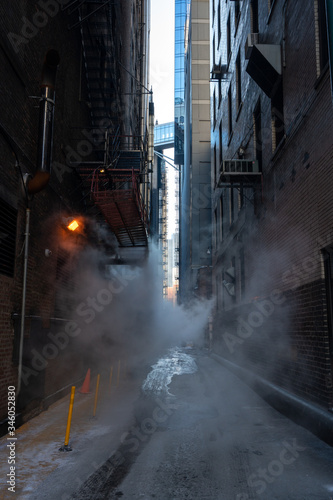 street in the city with fog in the winter