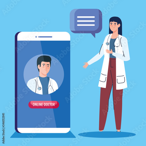 doctors and smartphone with app of medicine online vector illustration design