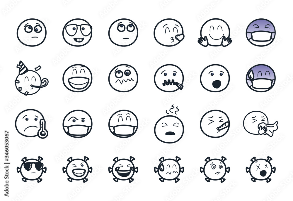 Coronavirus and emojis line style icon set vector design