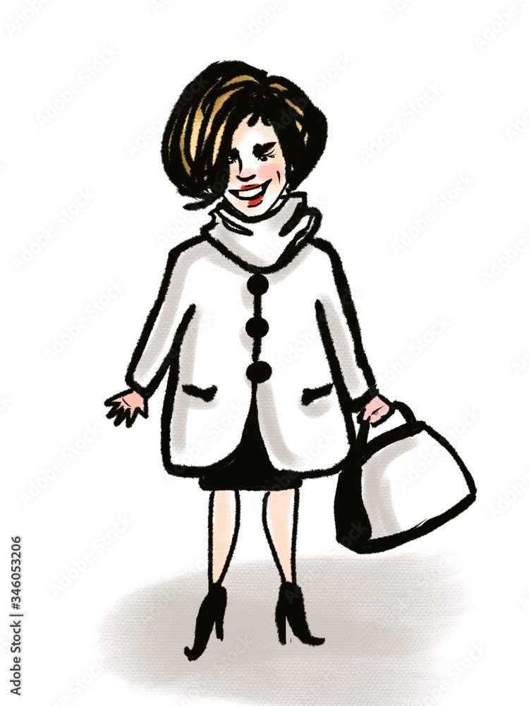 cartoon character young pretty smiling woman in coat standing isolated on white cartoon character young pretty smiling woman in coat standing isolated on white
