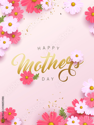 Mothers day banner background layout with flower.Greetings and presents for Mothers day in flat lay styling.Vector illustration template.