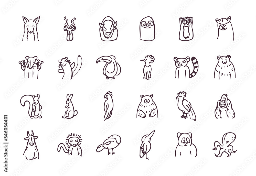 Animals line style icon set vector design