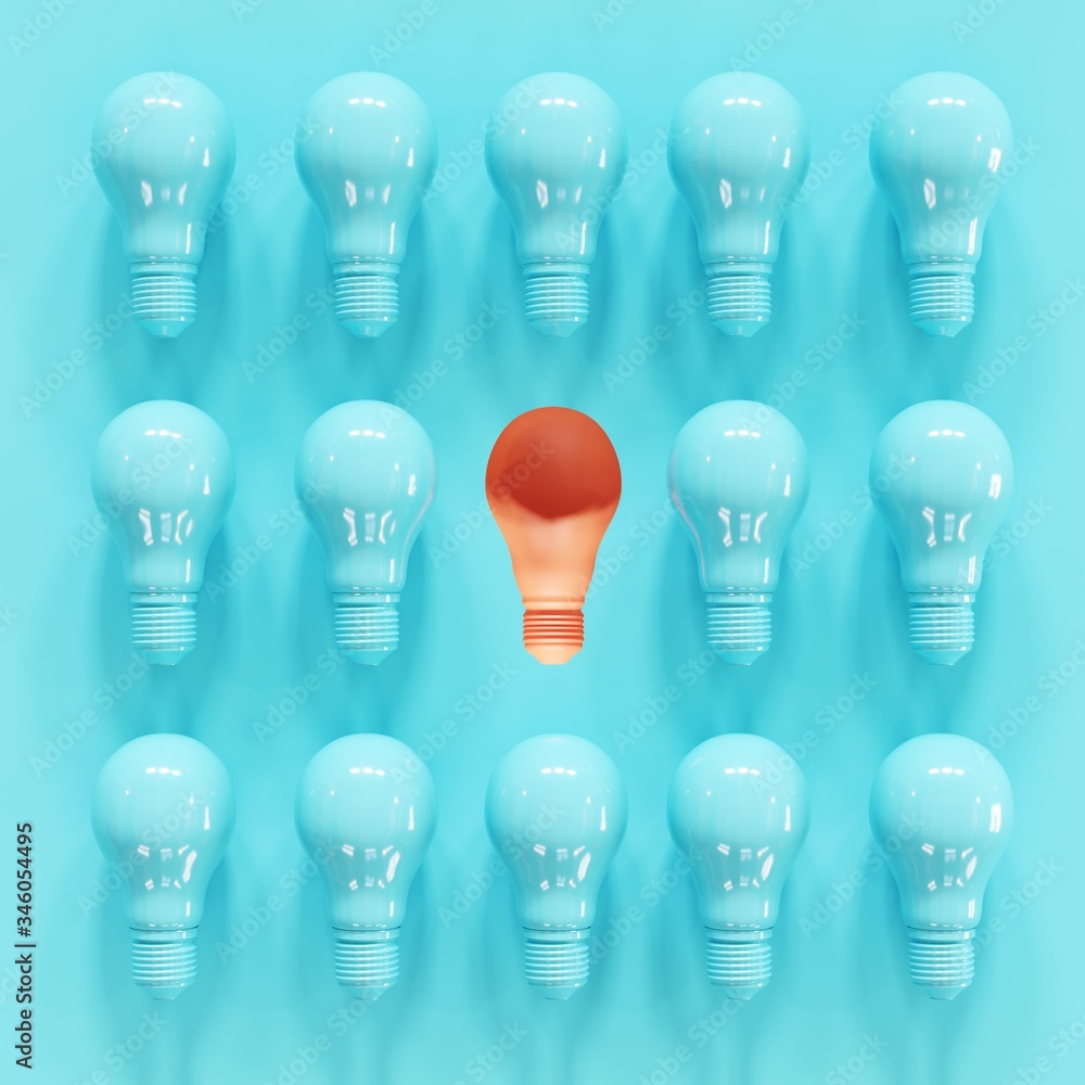 Outstanding Orange Light bulb slump Among blue light bulbs on blue background. 3D Render. Minimal Creative idea. Outstanding Orange Light bulb slump Among blue light bulbs on blue background. 3D Render. Minimal Creative idea.