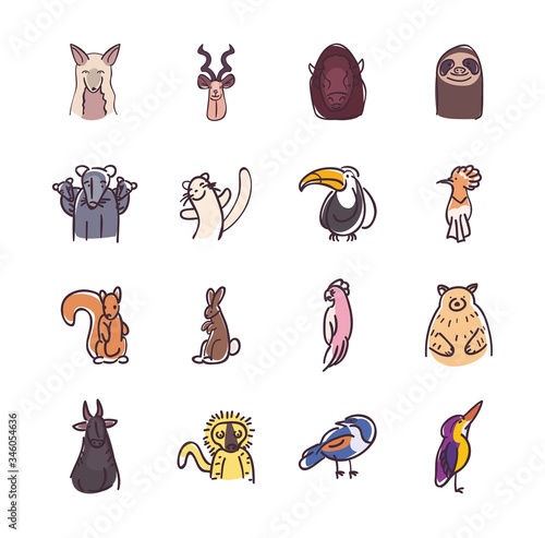 Animals flat style icon set vector design
