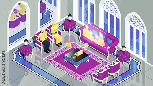 Isometric vector illustration of grandpa and grandma, silaturahmi video call their family during eid mubarak al fitr day. To make social distancing due to Covid-19 issues