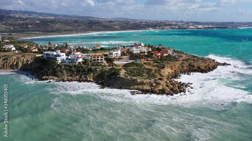 Aerial drone video of waves on sea in Pegeia. Cyprus Paphos district