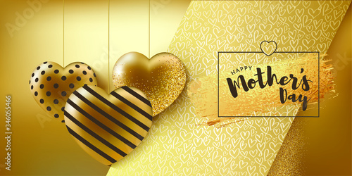 Special design for mothers with realistic golden hearts and Happy Mothers day text. Gold hearts design for valuable mothers. (Rectangle Size)
