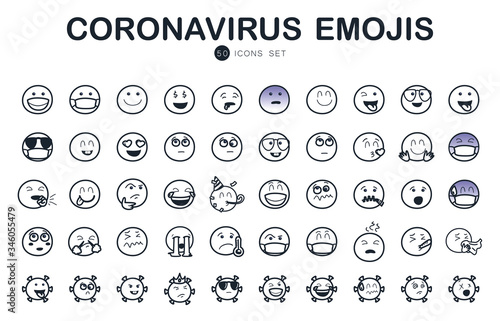 50 Coronavirus and emojis line style icon set vector design