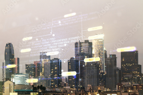 Abstract virtual coding illustration on Los Angeles cityscape background, software development concept. Multiexposure