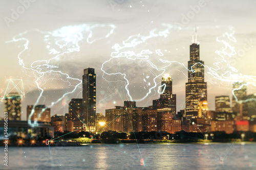 Abstract creative world map interface on Chicago skyline background, international trading concept. Multiexposure © Pixels Hunter