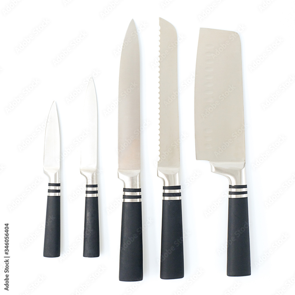 Set of chef's kitchen knife isolated on white background, included clipping path, Cutting sharp knife.
Set of chef's kitchen knife isolated on white background, included clipping path, Cutting sharp knife.