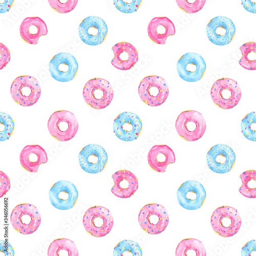 Seamless pattern colorful donut watercolor. Glazed, dessert, bakery, pastry, confectionery, confetti, confectionery sprinkles. Doughnut print, background. Isolated on white background